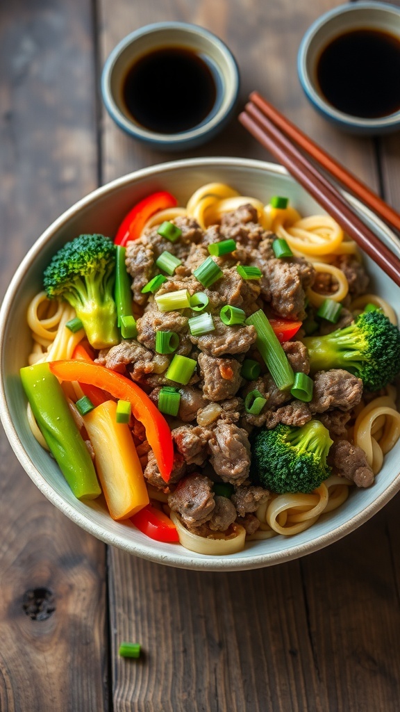 A delicious beef and noodle stir-fry with ground beef, bell peppers, and broccoli, served in a bowl with green onions on top.